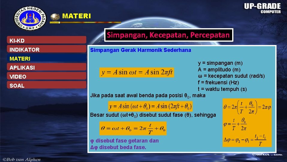 MATERI KI-KD INDIKATOR MATERI APLIKASI VIDEO SOAL Simpangan, Kecepatan, Percepatan Simpangan Gerak Harmonik Sederhana