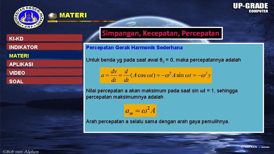 MATERI KI-KD INDIKATOR MATERI APLIKASI Simpangan, Kecepatan, Percepatan Gerak Harmonik Sederhana Untuk benda yg