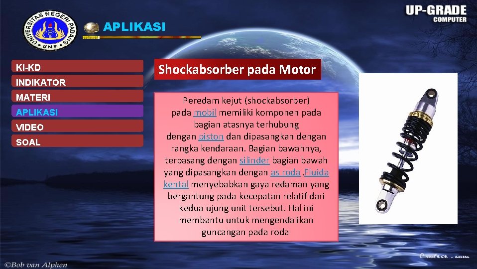 APLIKASI KI-KD Shockabsorber pada Motor INDIKATOR MATERI APLIKASI VIDEO SOAL Peredam kejut (shockabsorber) pada