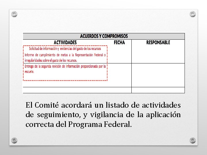 El Comité acordará un listado de actividades de seguimiento, y vigilancia de la aplicación