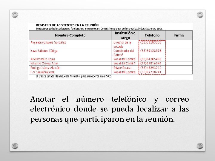 Anotar el número telefónico y correo electrónico donde se pueda localizar a las personas