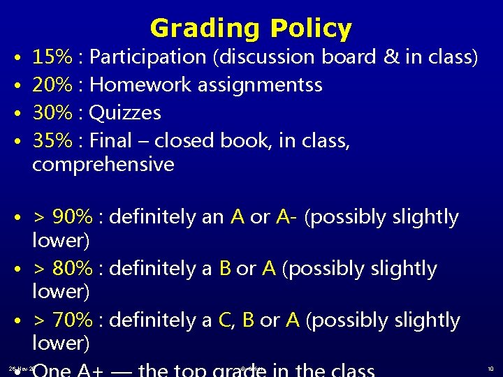  • • Grading Policy 15% : Participation (discussion board & in class) 20%