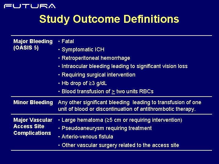 Study Outcome Definitions Major Bleeding (OASIS 5) • Fatal • Symptomatic ICH • Retroperitoneal