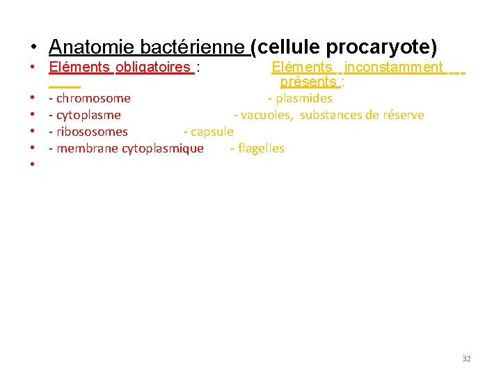  • Anatomie bactérienne (cellule procaryote) • Eléments obligatoires : Eléments inconstamment présents :