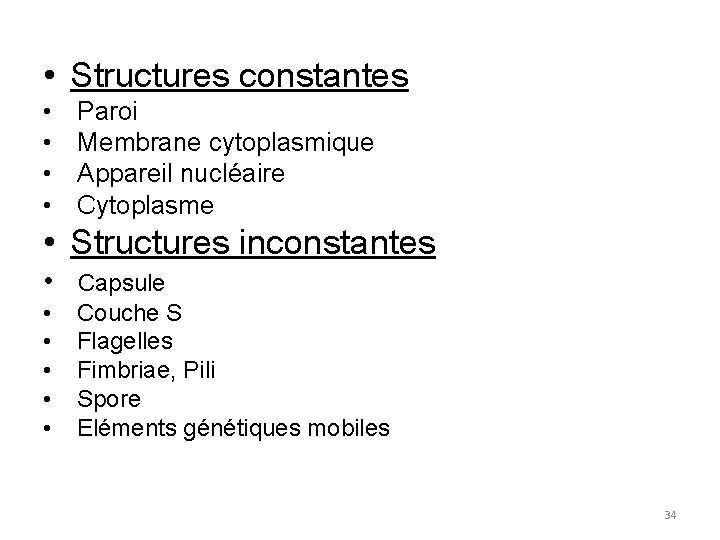  • Structures constantes • • Paroi Membrane cytoplasmique Appareil nucléaire Cytoplasme • Structures