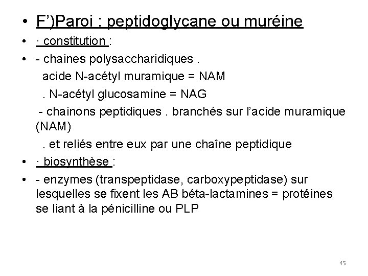  • F’)Paroi : peptidoglycane ou muréine • · constitution : • - chaines