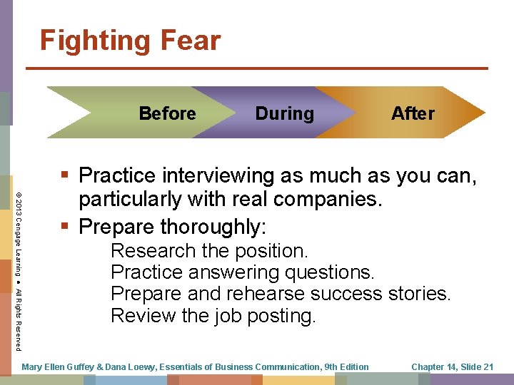 Fighting Fear Before During After © 2013 Cengage Learning ● All Rights Reserved §