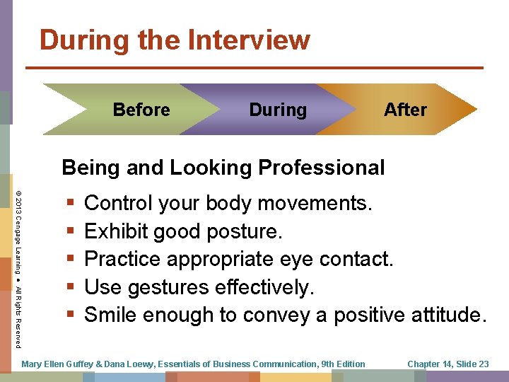During the Interview Before During After Being and Looking Professional © 2013 Cengage Learning