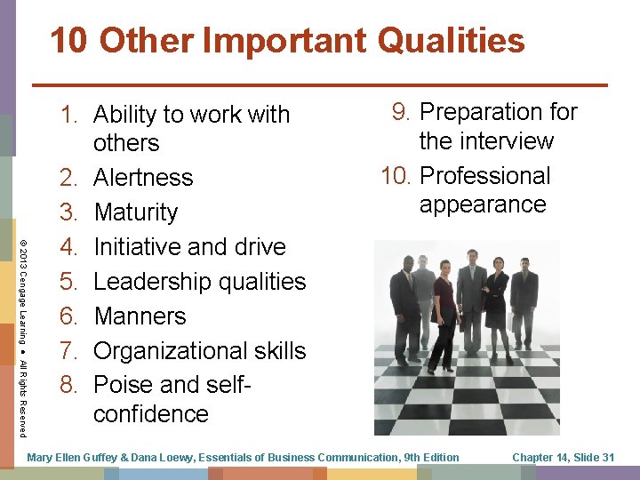 10 Other Important Qualities © 2013 Cengage Learning ● All Rights Reserved 1. Ability