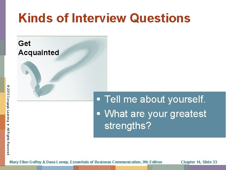 Kinds of Interview Questions Get Acquainted © 2013 Cengage Learning ● All Rights Reserved