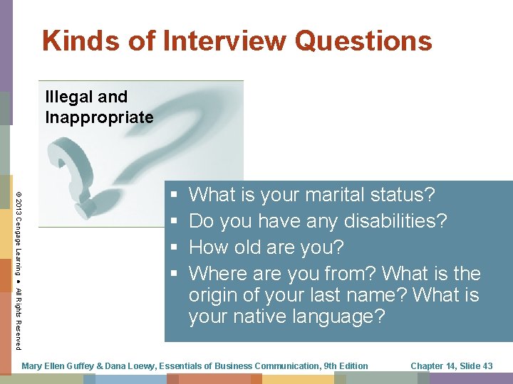 Kinds of Interview Questions Illegal and Inappropriate © 2013 Cengage Learning ● All Rights