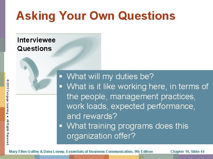 Asking Your Own Questions Interviewee Questions © 2013 Cengage Learning ● All Rights Reserved