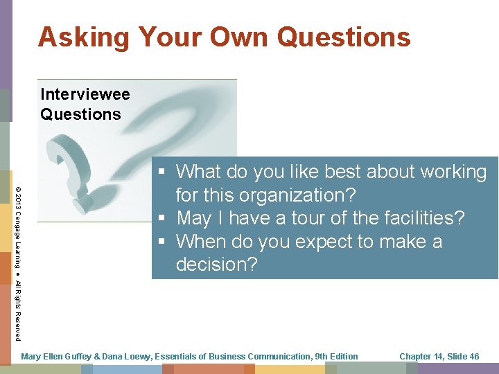 Asking Your Own Questions Interviewee Questions © 2013 Cengage Learning ● All Rights Reserved