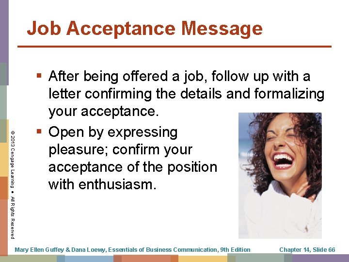 Job Acceptance Message © 2013 Cengage Learning ● All Rights Reserved § After being