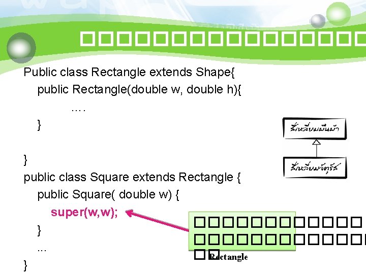 �������� Public class Rectangle extends Shape{ public Rectangle(double w, double h){ …. } }