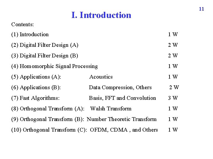 11 I. Introduction Contents: (1) Introduction 1 W (2) Digital Filter Design (A) 2 11 I. Introduction Contents: (1) Introduction 1 W (2) Digital Filter Design (A) 2