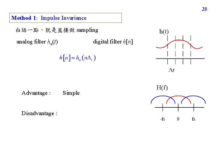28 Method 1: Impulse Invariance 白話一點,就是直接做 sampling analog filter ha(t) Advantage : Disadvantage : 28 Method 1: Impulse Invariance 白話一點,就是直接做 sampling analog filter ha(t) Advantage : Disadvantage :