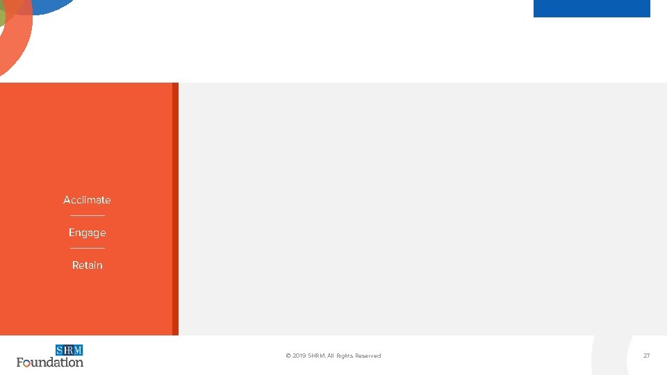 Acclimate Engage Retain Footer © 2019 SHRM. All Rights Reserved 27 27 