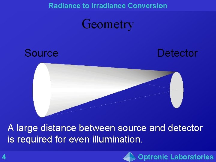Radiance to Irradiance Conversion Geometry Source Detector A large distance between source and detector