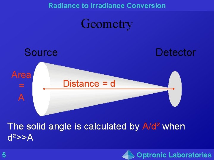 Radiance to Irradiance Conversion Geometry Source Area = A Detector Distance = d The