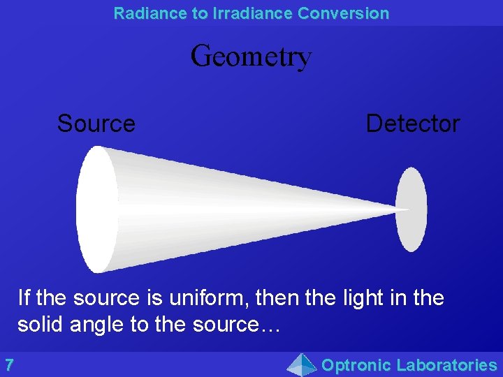 Radiance to Irradiance Conversion Geometry Source Detector If the source is uniform, then the