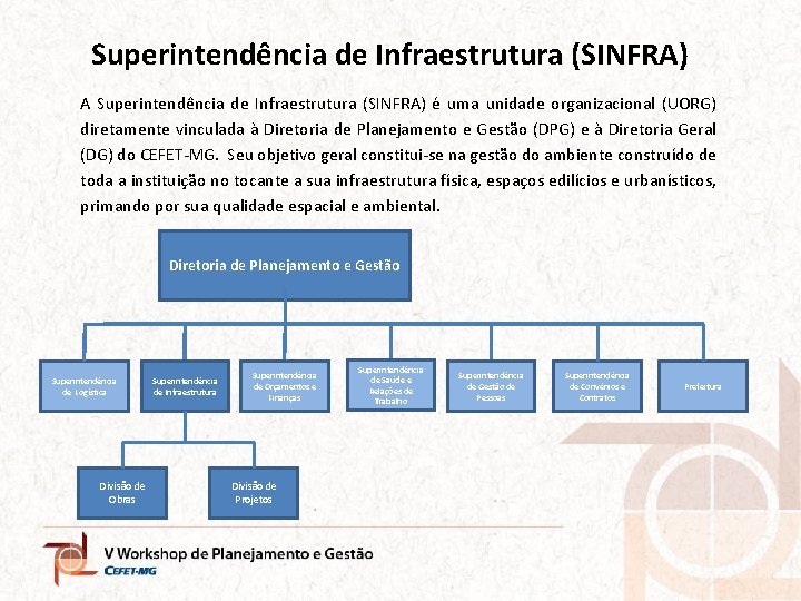 Superintendência de Infraestrutura (SINFRA) A Superintendência de Infraestrutura (SINFRA) é uma unidade organizacional (UORG)