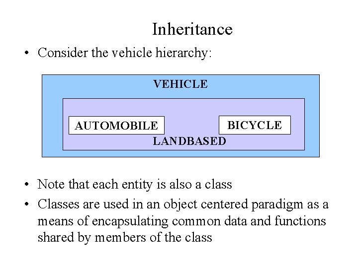 Inheritance • Consider the vehicle hierarchy: VEHICLE BICYCLE AUTOMOBILE LANDBASED • Note that each