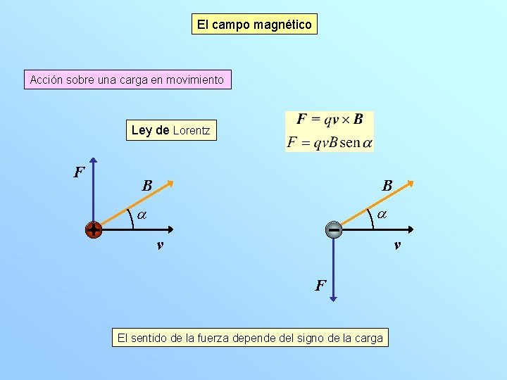 El campo magnético Acción sobre una carga en movimiento Ley de Lorentz F B