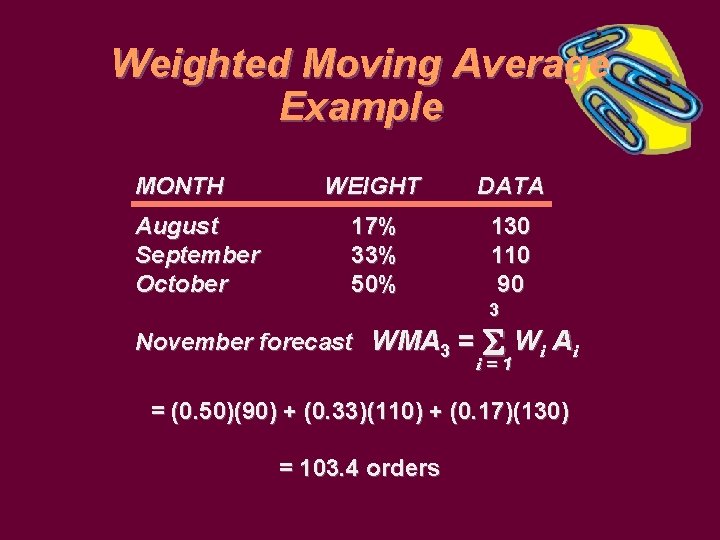 Weighted Moving Average Example MONTH August September October WEIGHT DATA 17% 33% 50% 130