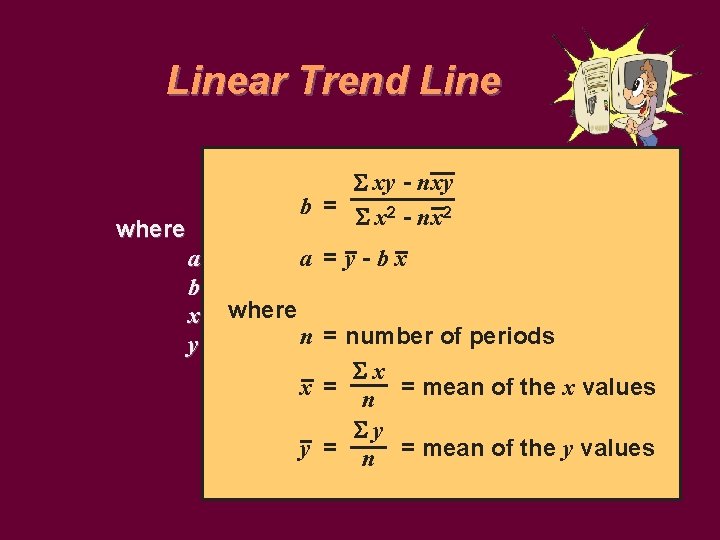 Linear Trend Line y = a xy + bx - nxy b = x