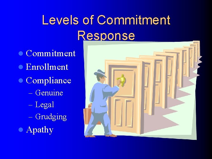 Levels of Commitment Response l Commitment l Enrollment l Compliance – Genuine – Legal