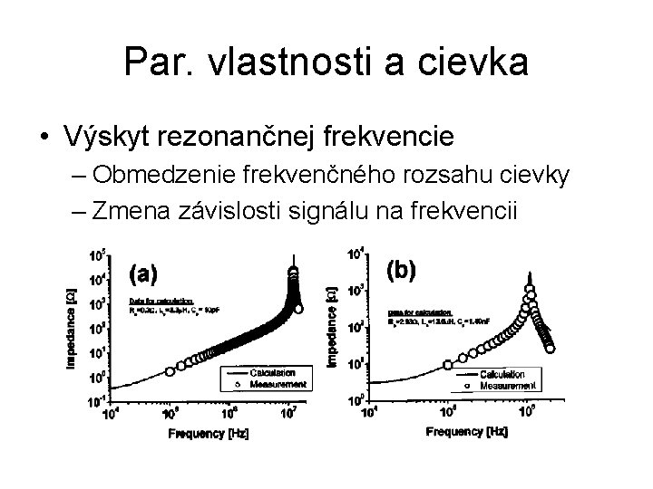 Par. vlastnosti a cievka • Výskyt rezonančnej frekvencie – Obmedzenie frekvenčného rozsahu cievky –