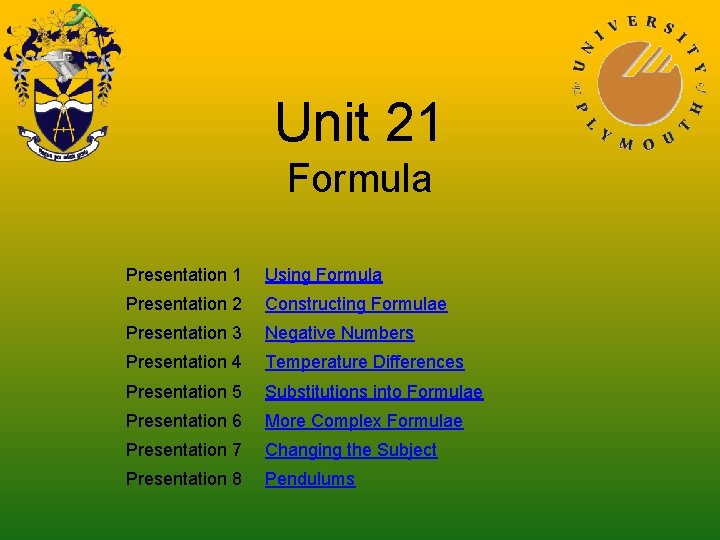 Unit 21 Formula Presentation 1 Using Formula Presentation 2 Constructing Formulae Presentation 3 Negative