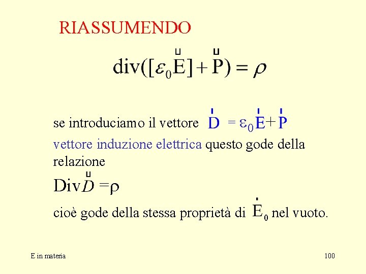 RIASSUMENDO se introduciamo il vettore = 0 + vettore induzione elettrica questo gode della