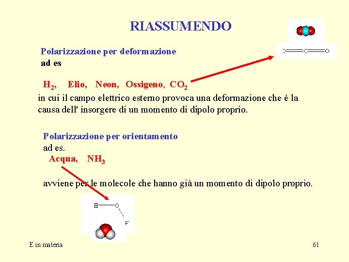 RIASSUMENDO Polarizzazione per deformazione ad es H 2, Elio, Neon, Ossigeno, CO 2 in