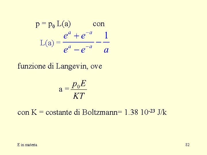 p = p 0 L(a) con L(a) = funzione di Langevin, ove a= con