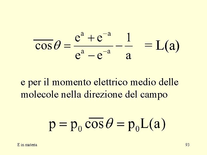 = L(a) e per il momento elettrico medio delle molecole nella direzione del campo