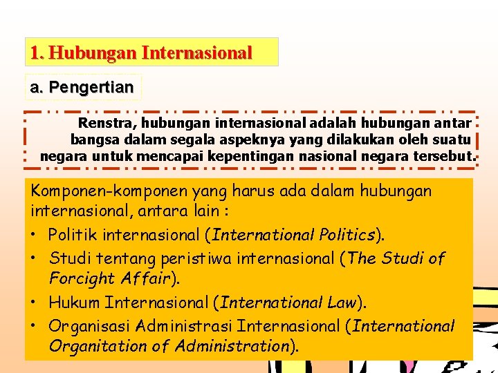 Politik internasional, organisasi, dan administrasi internasional merupakan komponen-komponen hubungan internasional menurut.....
