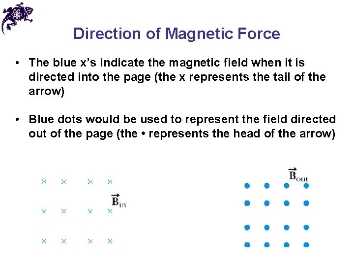 Direction of Magnetic Force • The blue x’s indicate the magnetic field when it