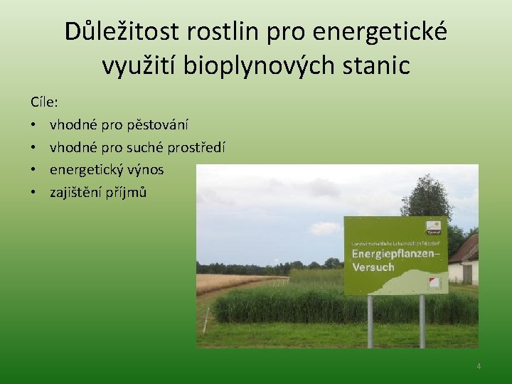 Důležitost rostlin pro energetické využití bioplynových stanic Cíle: • vhodné pro pěstování • vhodné