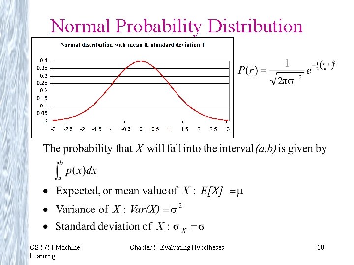 Normal Probability Distribution CS 5751 Machine Learning Chapter 5 Evaluating Hypotheses 10 