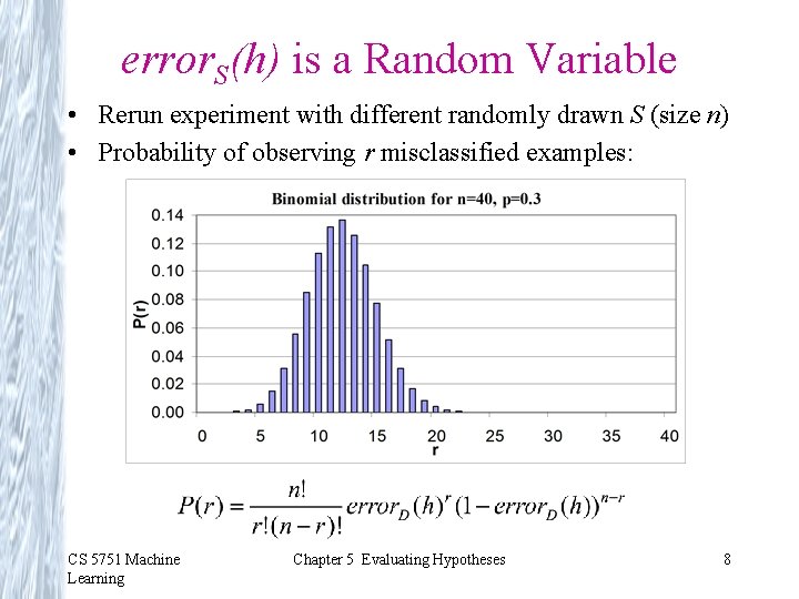 error. S(h) is a Random Variable • Rerun experiment with different randomly drawn S