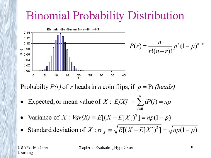 Binomial Probability Distribution CS 5751 Machine Learning Chapter 5 Evaluating Hypotheses 9 