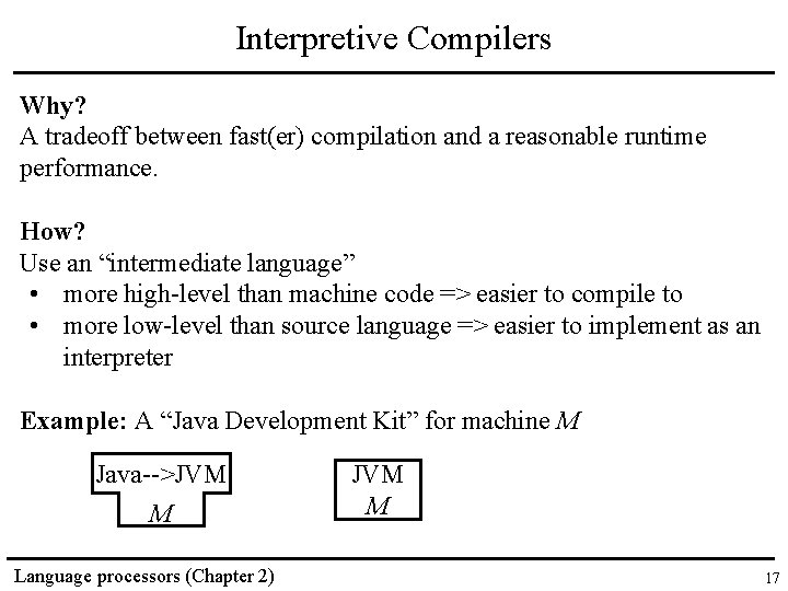 Interpretive Compilers Why? A tradeoff between fast(er) compilation and a reasonable runtime performance. How?