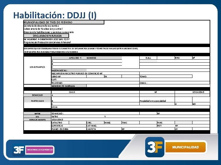 Habilitación: DDJJ (I) MUNICIPALIDAD DE TRES DE FEBRERO Secretaria de desarrollo economico Subsecretaria de