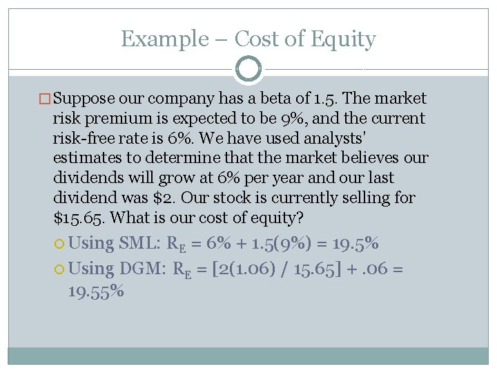 Example – Cost of Equity � Suppose our company has a beta of 1. Example – Cost of Equity � Suppose our company has a beta of 1.