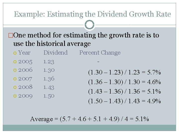 Example: Estimating the Dividend Growth Rate �One method for estimating the growth rate is