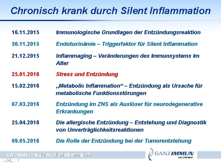 Chronisch krank durch Silent Inflammation 16. 11. 2015 Immunologische Grundlagen der Entzündungsreaktion 30. 11.