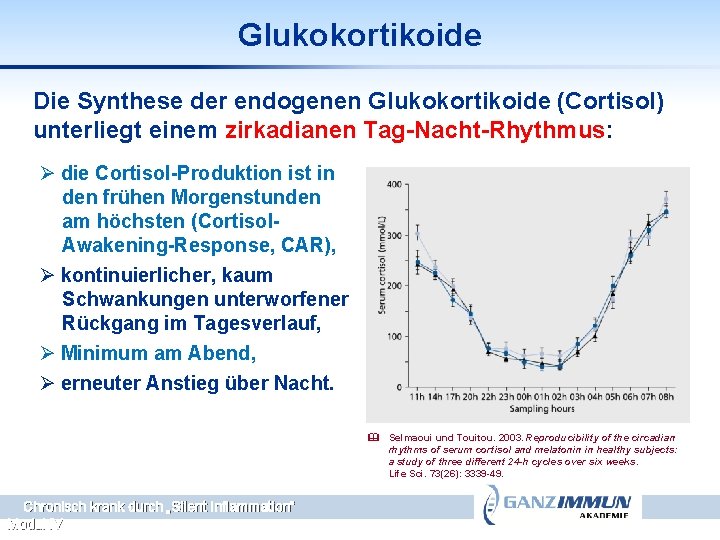 Glukokortikoide Die Synthese der endogenen Glukokortikoide (Cortisol) unterliegt einem zirkadianen Tag-Nacht-Rhythmus: Ø die Cortisol-Produktion