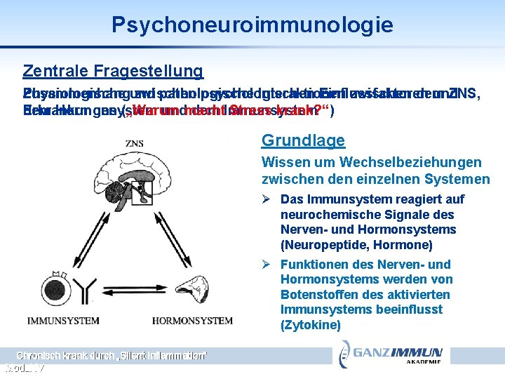 Psychoneuroimmunologie Zentrale Fragestellung Zusammenhangund Physiologische zwischen pathologische psychologischen Interaktionen Einflussfaktoren zwischen dem und ZNS,